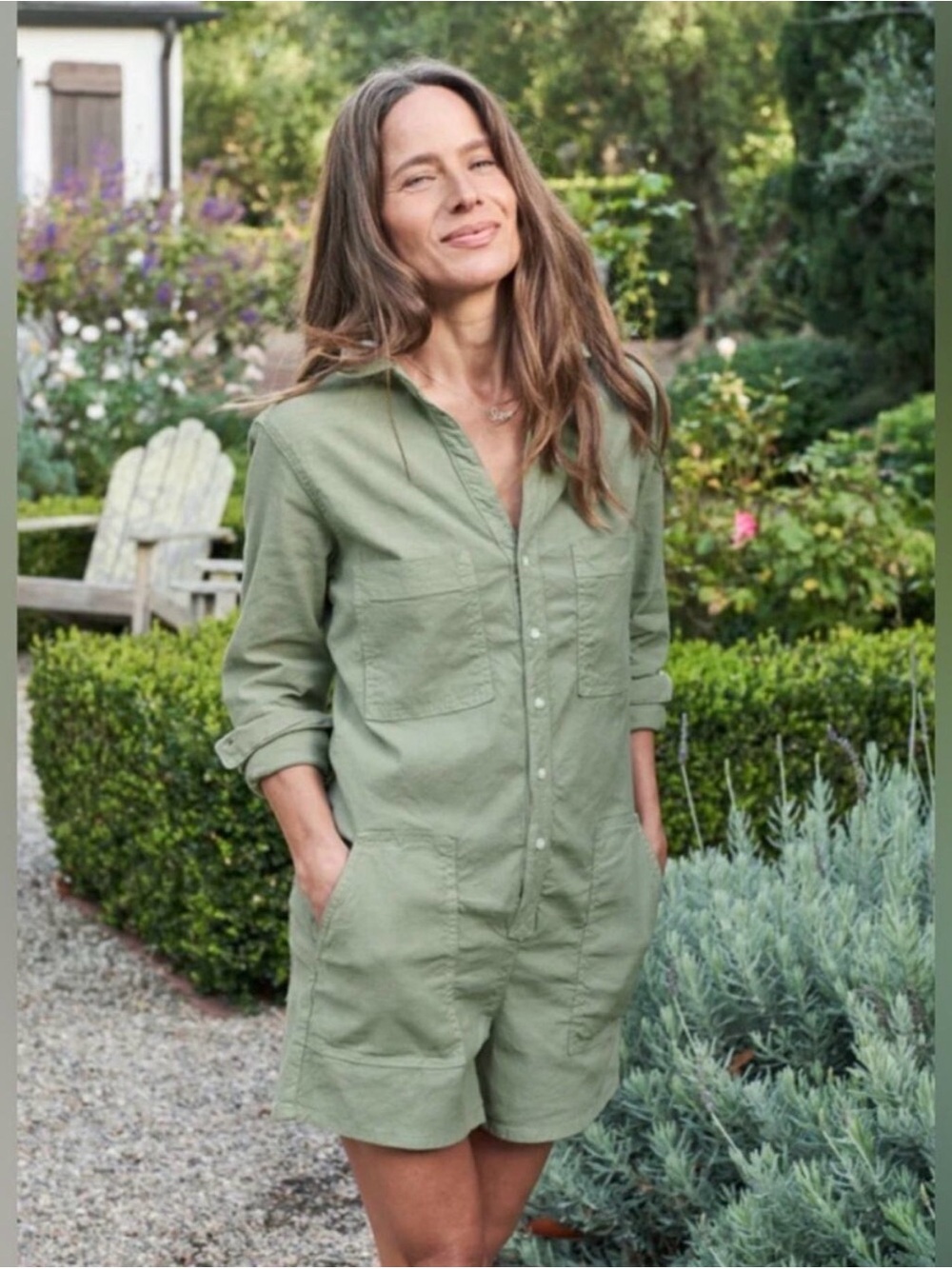 Frank & Eileen Ireland Playsuit Sage Green Linen Long Sleeve Romper Extra Large